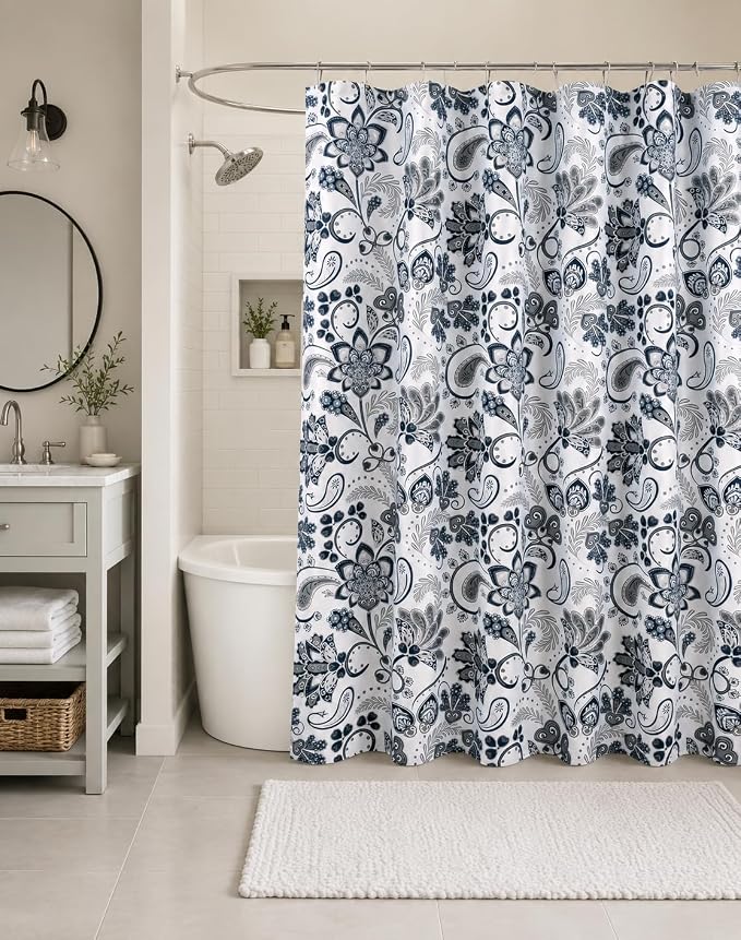 Hotel Quality Navy Gray Grey Fabric Bathroom Shower Curtain: Paisley Floral Leaf Damask Design on White (72 x 70 inches)