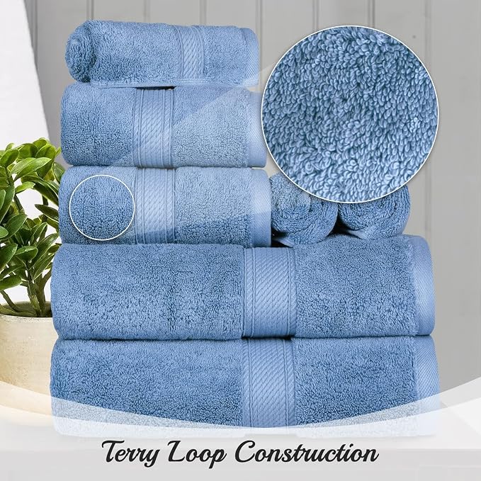 SUPERIOR Egyptian Cotton Ultra Plush & Absorbent, 8 Piece Set, Denim Blue | Quick Dry, Soft Luxury Towel Set, Bath Essentials, Guest Bath, Spa, 2 Bath, 2 Hand, 4 Face Towels, Madeline Towels