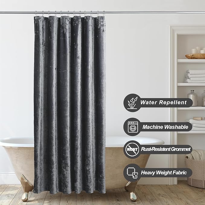 TAMGHO Crushed Velvet Shower Curtain, Grey, 72" x 72" | Coordinating Nickle Grommets and Hooks, Machine Washable, Water Repellent