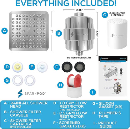 SparkPod Filtered Shower Head, 23-Stage, 6" Square, Polished Chrome | Showerhead for Hard Water, High Pressure, Reduces Chlorine, Heavy Metals, For Dry Skin & Hair, Removable Capsule Filter