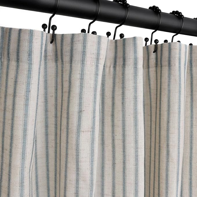 Farmhouse Striped Shower Curtain - 72x72 Inches, Linen Blend Fabric, Breathable & Machine Washable, Rustic Heirloom Blue for Bathroom Decor (Hooks/Liner Not Included)
