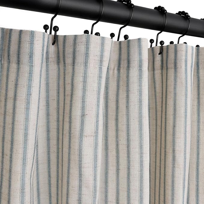 Farmhouse Striped Shower Curtain - Extra Long 72x84 Inches, Linen Blend Fabric, Breathable & Machine Washable, Rustic Heirloom Blue for Bathroom Decor (Hooks/Liner Not Included)