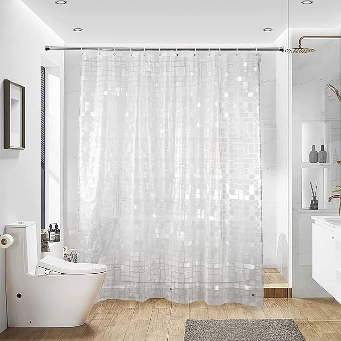 NTBAY EVA Shower Curtain Liner, 72 x 72, 6 Gauge, Semi Clear Geometric | Water-repellent EVA Liner with 3 Bottom Magnets, 12 Reinforced Grommets, and 12 Plastic Hooks
