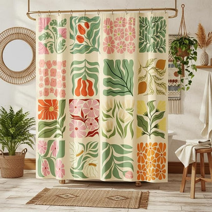 JAWO Retro Shower Curtain Vintage Abstract Boho Floral Shower Curtains for Bathroom Decor Pink Yellow Botanical Geometric Groovy Aesthetic Pattern Shower Curtain Sets with Hooks,70X70IN