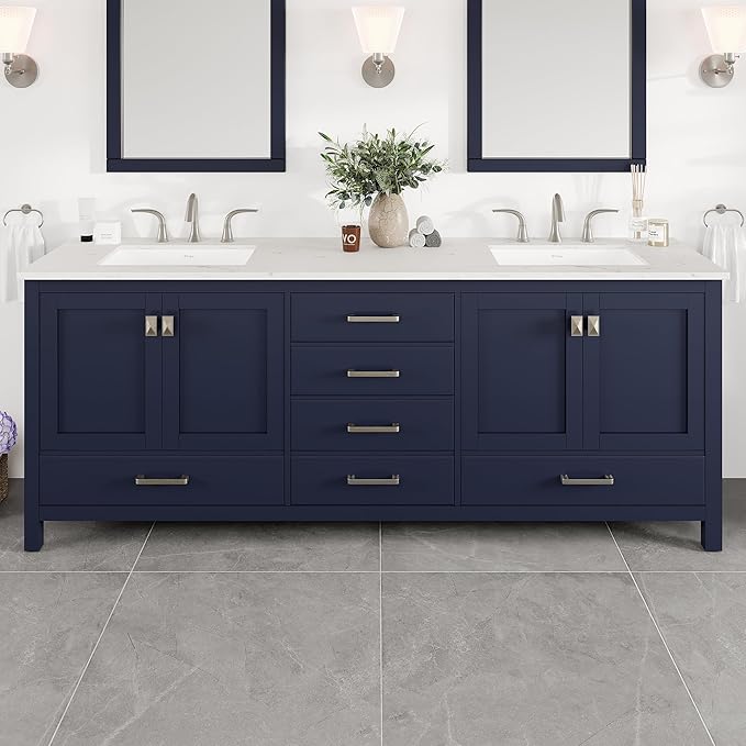 Eviva Aberdeen 84 in. Blue Double Sink Bath Vanity with Carrara Quartz Top and Undermount Porcelain Sinks