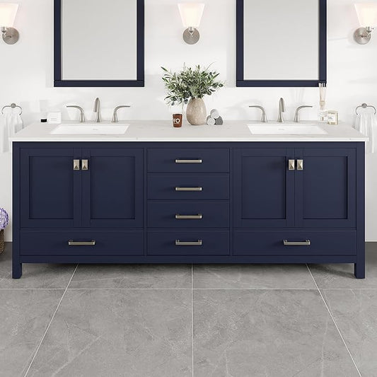 Eviva Aberdeen 84 in. Blue Double Sink Bath Vanity with Carrara Quartz Top and Undermount Porcelain Sinks