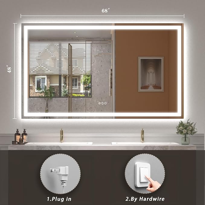 68x48 LED Lighted Bathroom Mirror for Vanity Wall | Front Light and Backlit, Anti-Fog, Memory, 3 Color, Tempered Glass, Dimmable, Rectangular, UL, Horizontal/ Vertical Mounted
