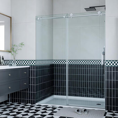 Sliding Glass Shower Door 44–48 Inch W x 76 Inch H, Shower Sliding Door with Round Stainless Steel Rail and 55mm Rollers, 6mm Tempered Glass, Space-Saving Shower Glass Door