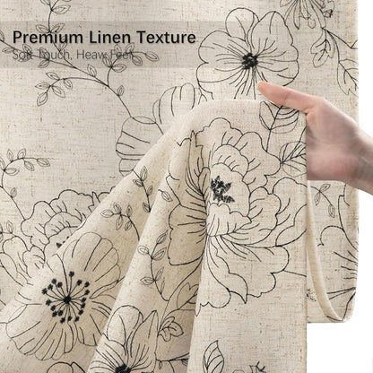 Farmhouse Floral Linen Shower Curtain, Vintage Black Embroidered Pattern Rustic Shower Curtains for Bathroom, Tan Taupe,72x72