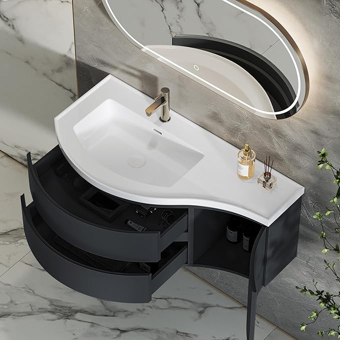 KunMai Modern Floating Bathroom Vanity with Sink, 35.4" Black Wall Mounted Stone Resin Top Vanity Cabinet with Storage Drawers & Door, White Wall Hung Vanity for Small Bathrooms