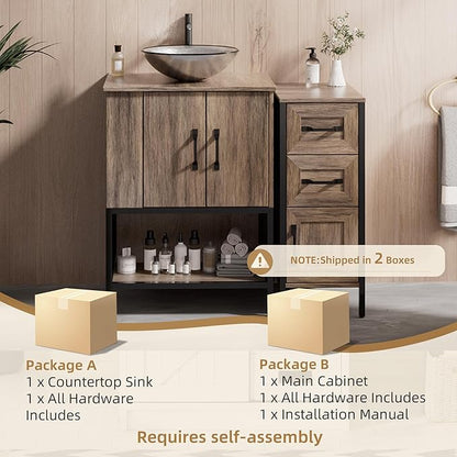 VNN Bathroom Vanity with Sink - 36 Inch Bathroom Vanity with Sink, Open Shelves and 3 Storage Drawers Side Cabinet, Modern Iron Wood Cabinet with Countertop Tempered Glass Vessel, Grey