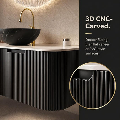 48 Inch Bathroom Vanity with Sink, Floating Wall Mounted Single Sink Vanity, Black Curved Fluted Front, Stone Top, Black Marble Vessel Basin, Pre-Assembled