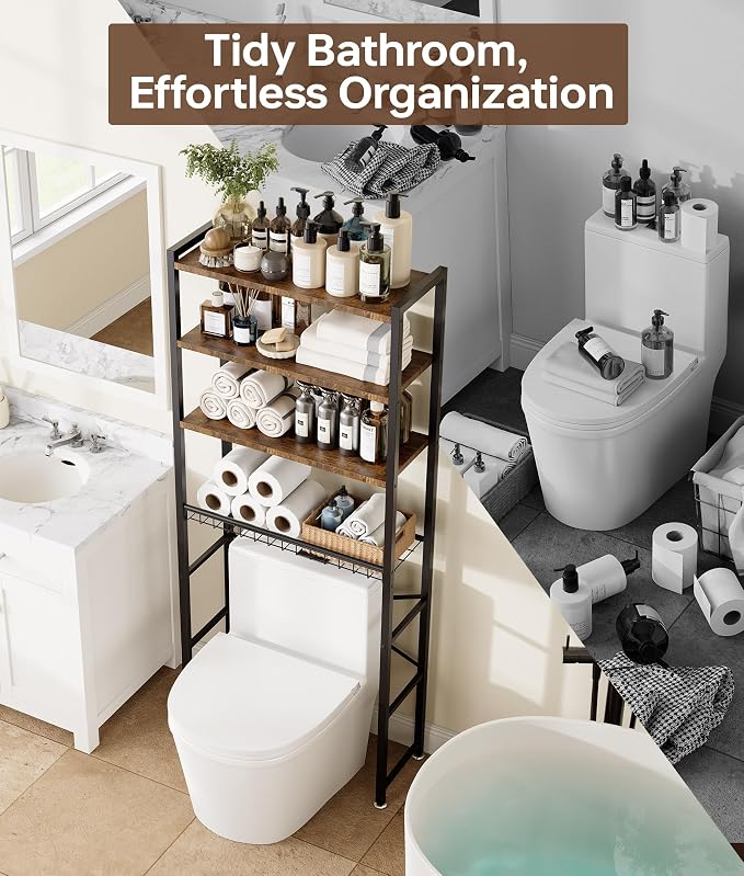 4-Tier Over-the-Toilet Storage Rack with One-Piece Wooden Shelves & Open Net Basket, Bathroom Organizer with Adjustable Feet & Anti-Tip Kit, Space-Saving Toilet Shelf, Brown, 24.4" x 9.4" x 69.3"