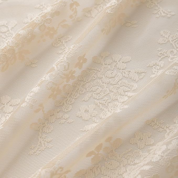 TUDECO Extra Long Beige Lace Shower Curtain with Valance, 72 x84 Inch | Antique Vintage, Floral Pattern, Tall Bathroom Curtain, Scalloped Edges, Light Filtering, Soft Privacy, Reinforced Holes