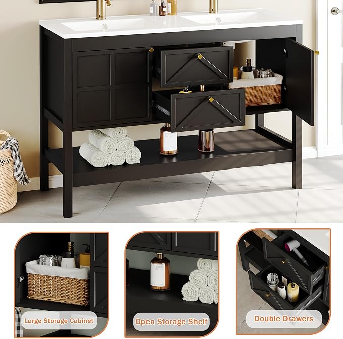 Bathroom Vanity with Double Sink Set, 48 Inch Pedestal Sink Storage Cabinet with 2 Drawers & 2 Doors, Mid-Century Modern Bathroom Vanity with Open Bottom Shelf, Black