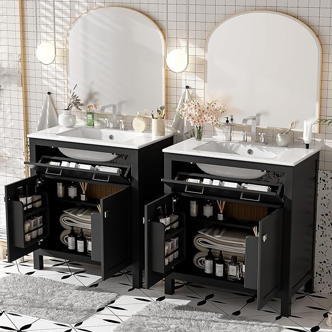 60" Black Bathroom Vanity with Double Sink, 60 Inch Bathroom Vanity Set with Double Vanities (Separate), 2 Bathroom Vanities with Sink, Adjustable Shelf, Soft Close Doors and Flip Drawer