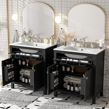 60" Black Bathroom Vanity with Double Sink, 60 Inch Bathroom Vanity Set with Double Vanities (Separate), 2 Bathroom Vanities with Sink, Adjustable Shelf, Soft Close Doors and Flip Drawer