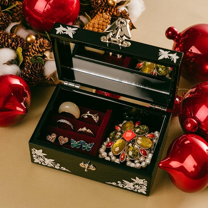 February Mountain Mother of Pearl Small Jewelry Box with mirror lid, Jewelry Storage Organizer for Earring, Necklace, Rings, Bracelet & Accessories