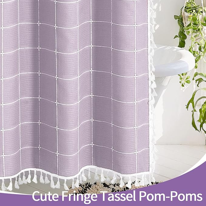 Lavender Boho Farmhouse Shower Curtain for Bathroom 72x72 | 320 GSM French Country Plaid Tassel Shower Curtain, Rustic Aesthetic Bathroom Decor Windows Curtain