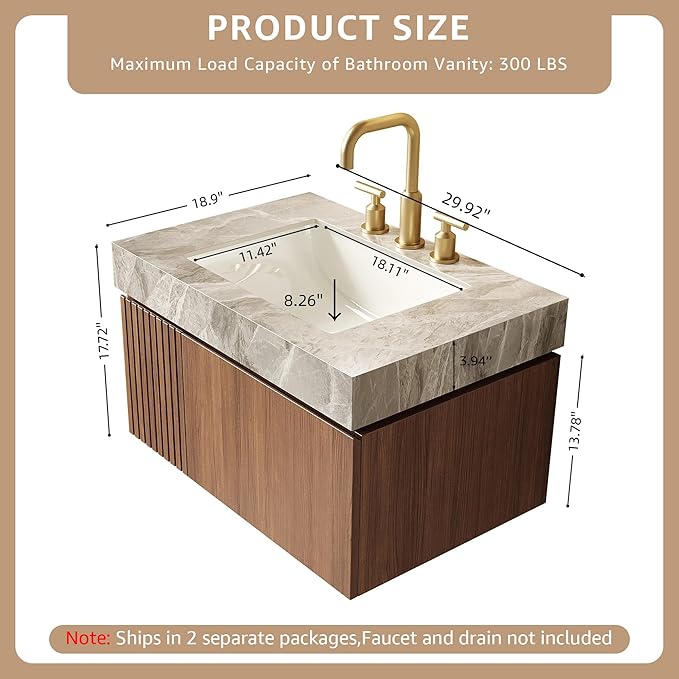 30” Floating Bathroom Vanity with Sink, Wall-Mounted Cabinet with Drawer & Doors, Gray Travertine-Pattern Sintered Stone Top, Undermount Basin, 3 Faucet Hole, Soft-Close, Pre-Assembled, Brown Oak