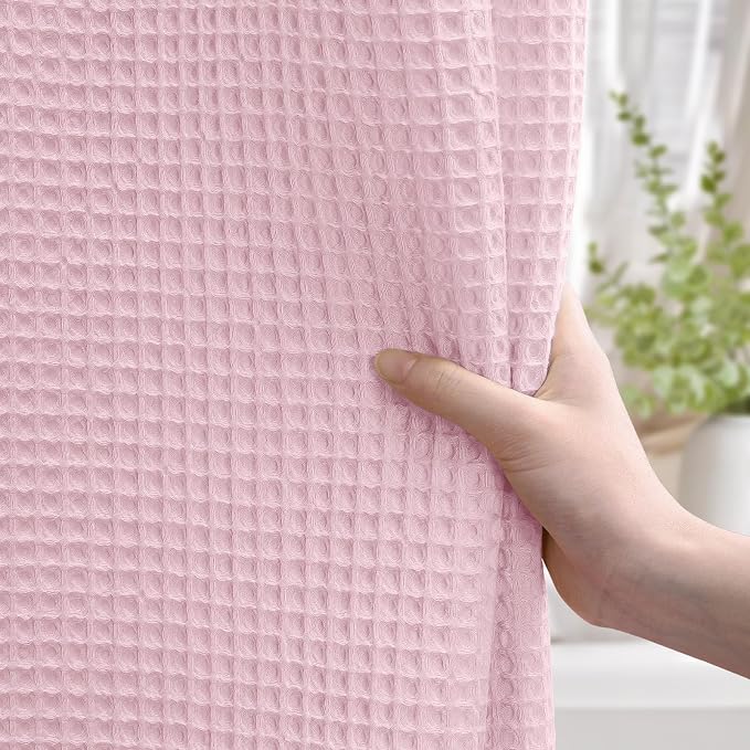 Pink Waffle Weave Shower Curtain - Cotton Fabric Texture Heavyweight Shower Curtain for Bathroom,Washable,72Wx72L