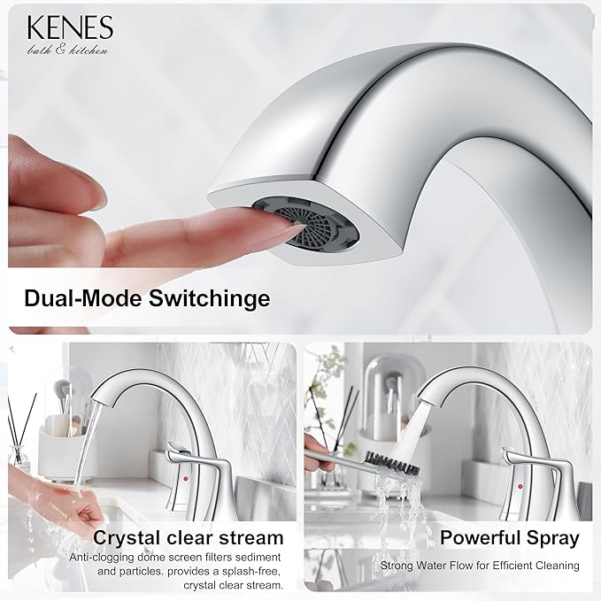 KENES Bathroom Faucets for Sink 3 Hole, Chrome 8 Inch 2 Handle Widespread Bathroom Faucet, Bathroom Vanity Faucet with Pop Up Drain & Supply Lines, LJ-9075-5