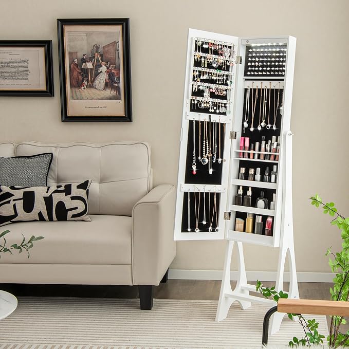 NAFORT Standing Mirror Jewelry Cabinet with 12 LED Lights, Large Storage Mirror Full Length, Jewelry Armoire with 3 Storage Shelves, 3 Angle Adjustments, White