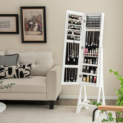 NAFORT Standing Mirror Jewelry Cabinet with 12 LED Lights, Large Storage Mirror Full Length, Jewelry Armoire with 3 Storage Shelves, 3 Angle Adjustments, White