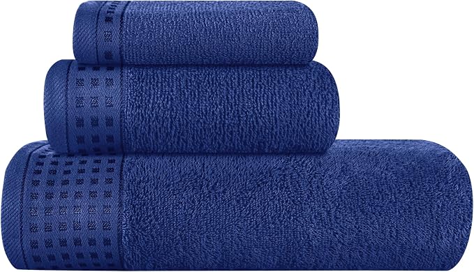 GLAMBURG Ultra Soft 3 Pack Cotton Towel Set, Contains a Bath Towel 28x55 inch, a Hand Towel 16x24 inch & a Wash Coth 12x12 inch, Ideal Everyday use, Compact & Lightweight - Navy Blue