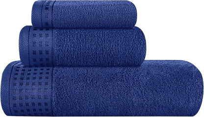 GLAMBURG Ultra Soft 3 Pack Cotton Towel Set, Contains a Bath Towel 28x55 inch, a Hand Towel 16x24 inch & a Wash Coth 12x12 inch, Ideal Everyday use, Compact & Lightweight - Navy Blue
