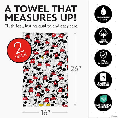 Disney Mickey Cotton Kitchen Towels, 2-Pack 16"x26", Absorbent | Durable, colorfast dish towels resist fraying, machine washable, dries dishes, hangs on oven handles, great for gifting