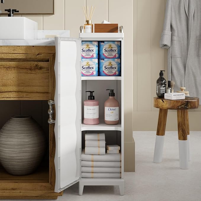 VECELO Narrow Storage Cabinet with Door, Slim Bathroom Storage Cabinet with Adjustable Shelves, for Small Spaces, Bathroom, Kitchen, Laundry, 28.7” H, White