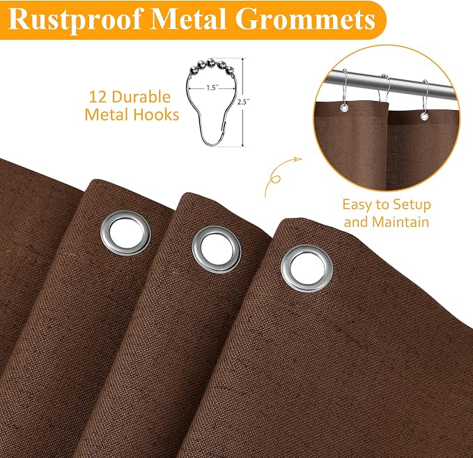Caramel Brown Linen Shower Curtain, Country Boho Farmhouse Bath Decor Shower Curtains Neutral Cloth Weighted Textured Fabric Bath Curtain Liner with Hooks, 72x84