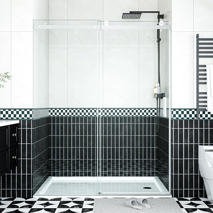 56" - 60" W x 76" H Frameless Sliding Shower Door with Handle, 5/16" (8mm) Clear Explosion-Proof Tempered Glass, Waterproof Seal Strip, Brushed Nickel Finish