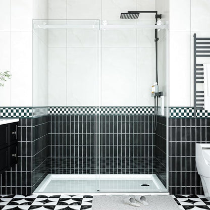 56" - 60" W x 76" H Frameless Sliding Shower Door with Handle, 5/16" (8mm) Clear Explosion-Proof Tempered Glass, Waterproof Seal Strip, Brushed Nickel Finish