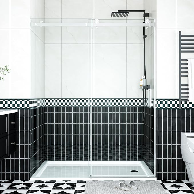 Frameless Shower Doors 44-48”W×76”H, 8mm Tempered Glass, Shower Sliding Glass Door with Square Stainless Steel Hardware, Modern Design