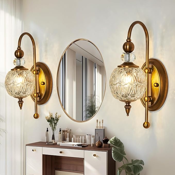 Vintage Gold Wall Sconce Set of Two Mid Century Brushed Brass with Glass Globe Shade Vanity Light Indoor G9 Bulb Wall Light for Bathroom Farmhouse Bedroom Living Room Hallway