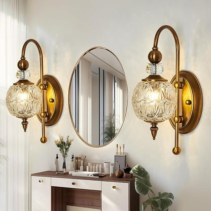 Vintage Gold Wall Sconce Set of Two Mid Century Brushed Brass with Glass Globe Shade Vanity Light Indoor G9 Bulb Wall Light for Bathroom Farmhouse Bedroom Living Room Hallway
