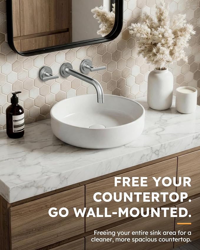 Brushed Nickel Bathroom Faucet,WOWOW 2 Handle Wall Mount Bathroom Faucet, Vessel Sink Faucet Wall Mount and Brass Rough-in Valve Included