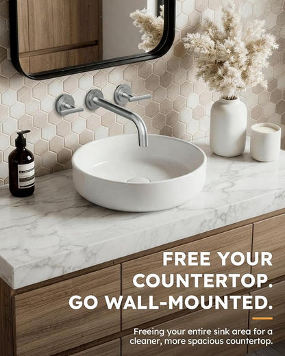 Brushed Nickel Bathroom Faucet,WOWOW 2 Handle Wall Mount Bathroom Faucet, Vessel Sink Faucet Wall Mount and Brass Rough-in Valve Included