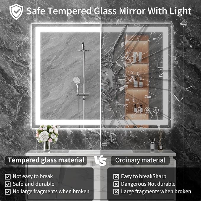Koonmi 32x24 LED Bathroom Mirror, Shatterproof Mirror with Light | 90CRI Vanity Mirror with Anti-fog Backlit + Front Lit, 3 Color, Easy Install for Bathroom Hotel (IP65)