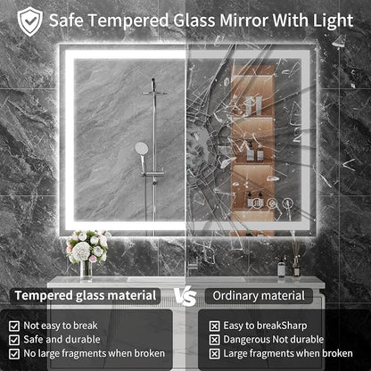 Koonmi 38x26 LED Bathroom Mirror with Light, Anti-Fog, 3 Colors | Backlit + Front Lit, Dimmable Brightness, Shatterproof HD Distortion-Free Tempered Glass, Hardware Included