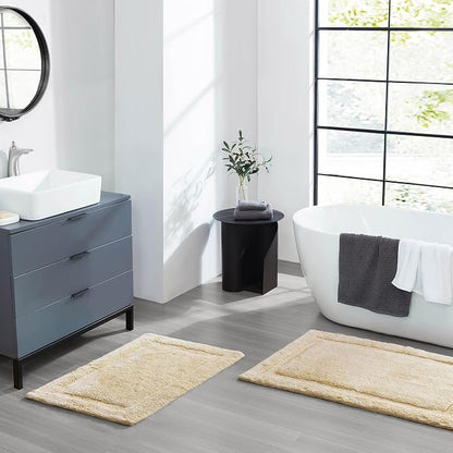 Jean Pierre New York Lydia Border 100% Cotton Bath Mat 2-Piece Set - Non-Slip Bath Rug - Ivory - 17"x24" & 20" x 32"