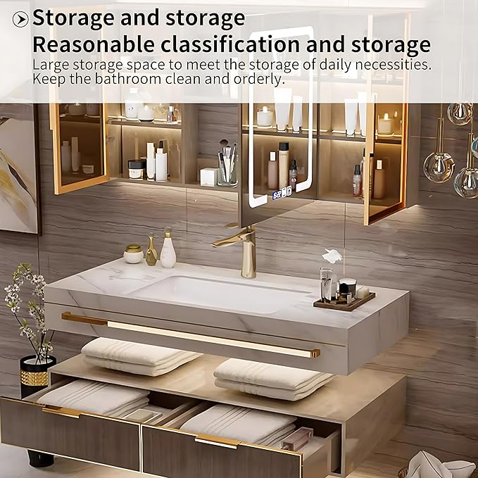 Bathroom Vanity with Sink - Single/Double Sink Bathroom Vanity & LED Fog Removal Mirror Cabinet, Modern Design, Wall-Mounted Floating Vanity (Double Sink, 56")