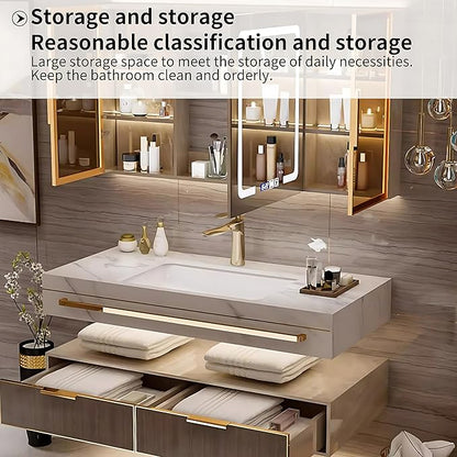 Bathroom Vanity with Sink - Single/Double Sink Bathroom Vanity & LED Fog Removal Mirror Cabinet, Modern Design, Wall-Mounted Floating Vanity (Single Sink, 48")