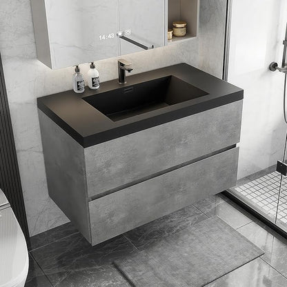 36 Inch Floating Bathroom Vanity with Sink Grey Wall Mount Floating Vanity | Scratch-Resistant Quartz Sand Sink, Two Soft Closing Drawers, Pre Assembled