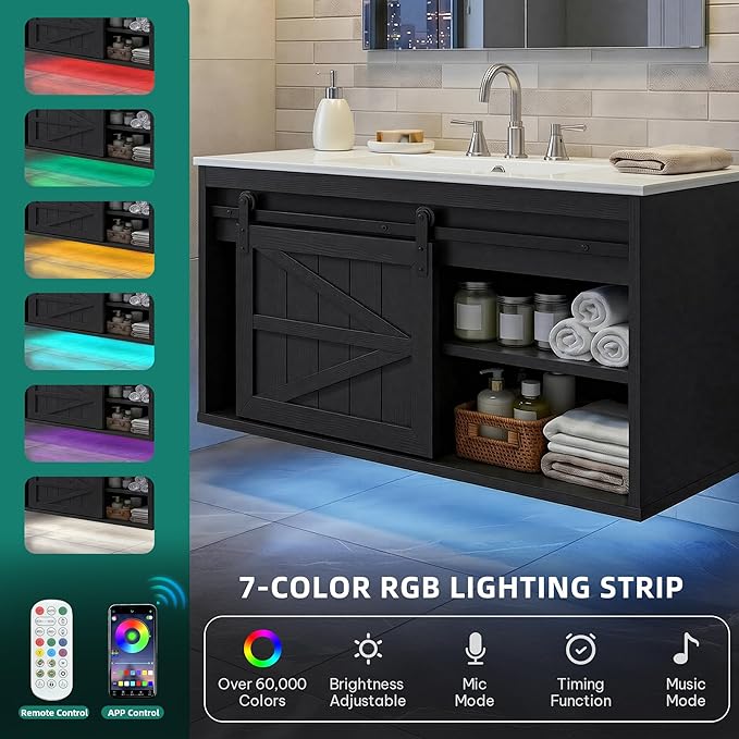 DWVO 36" LED Bathroom Vanity with Sink, Farmhouse Sliding Barn Door Bathroom Cabinet, Bathroom Vanities, Wall Mounted Floating Cabinet