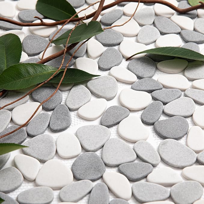 Grey Pebble Bathroom Shower Tile 12x12 in Pebble Mosaic Floor 5 SqFt | Slip-resistant Pebble Floor Tile for Bathroom, Shower, Kitchen Walls & Outdoor Areas, Mesh-Backed Easy to Install