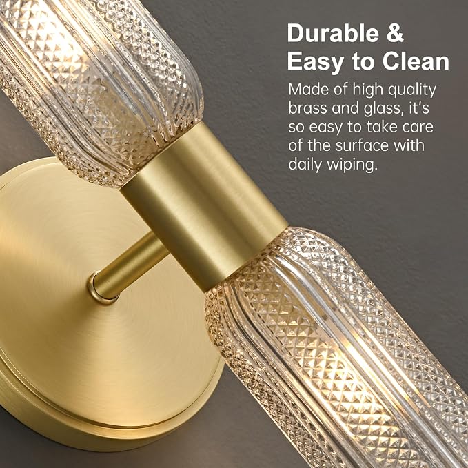 Brushed Brass Wall Sconce, Knurled Double Glass, Bulb Included | 12.3in 2-Light Hardwired Wall Light,Perfect for Bathroom Living Room Vanity Mirror Bedroom Hallway and Entryway