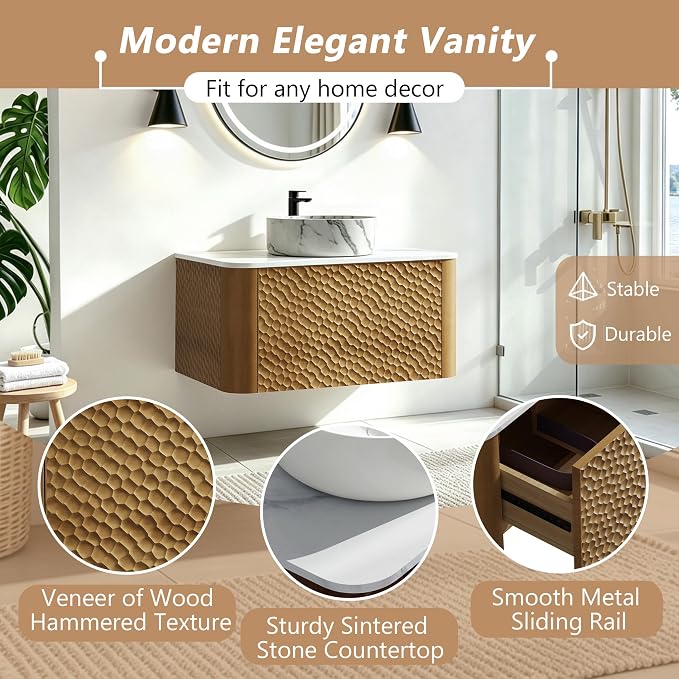 42 Inch Modern Bathroom Vanity with Ceramic Sink, Floating Bathroom Sink Cabinet with Sintered Stone Top&Solid Wood Hammered Frame, Single Bathroom Vanities w/Soft-Close Drawer&Side Open Cube